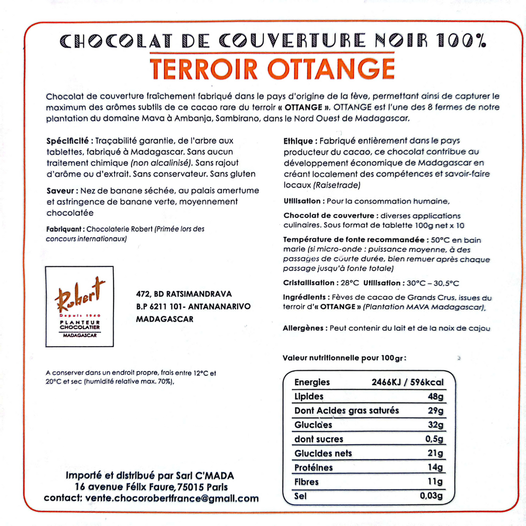 1kg de chocolat de couverture noir 100% TERROIR OTTANGE - Collection "Grands Crus"