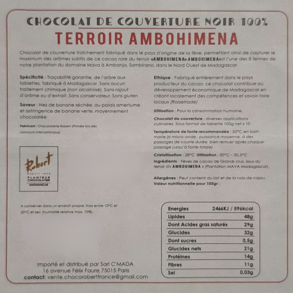 1kg de chocolat de couverture noir 100% TERROIR AMBOHIMENA - Collection "Grands Crus"
